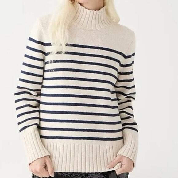 J. Crew Cotton Turtleneck Sweater in Stripe Fisherman Coastal Size Large - Picture 1 of 6
